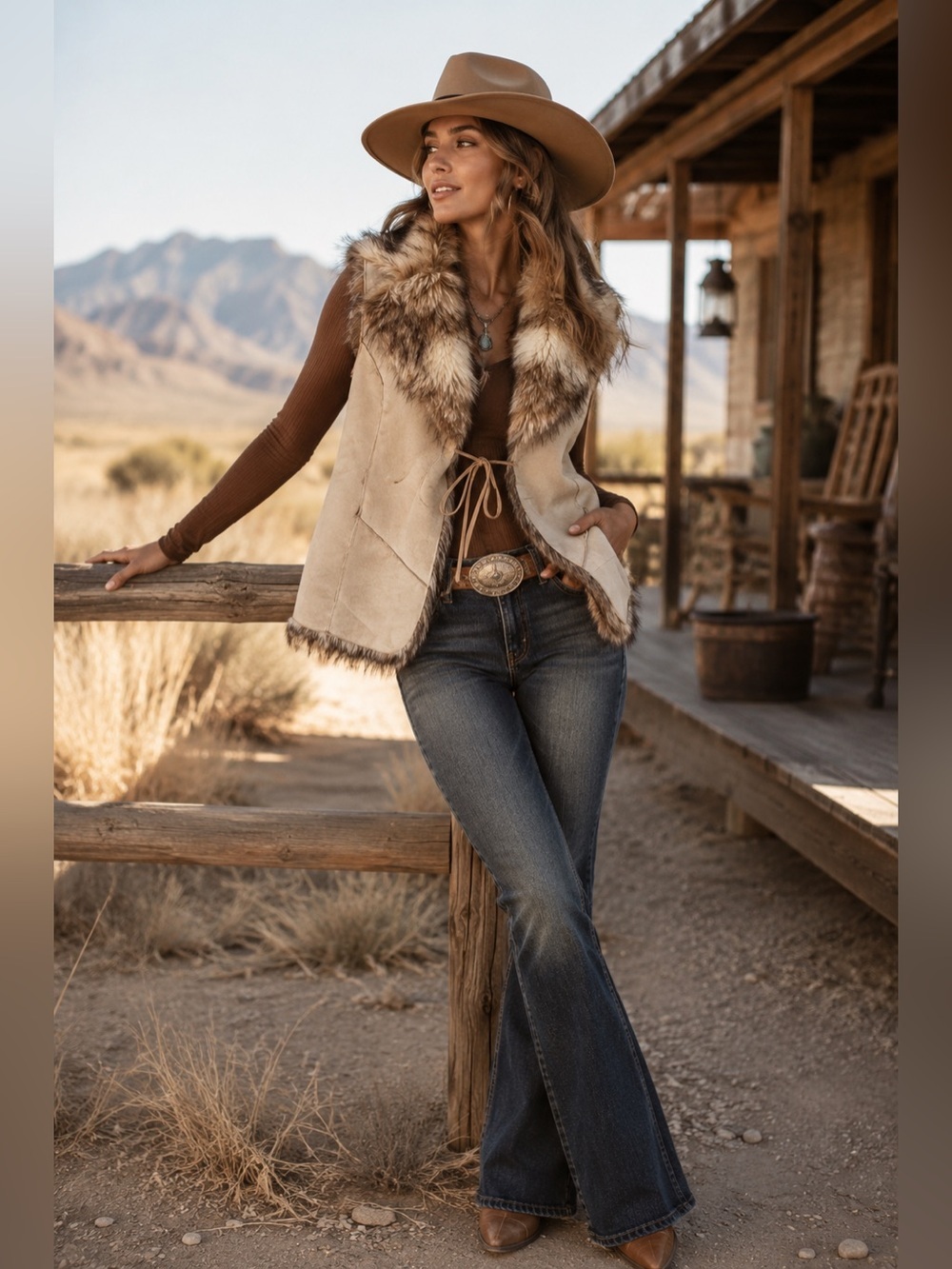 Reversible Faux Fur Vest Tie Front Neutral Brown & Cream Boho